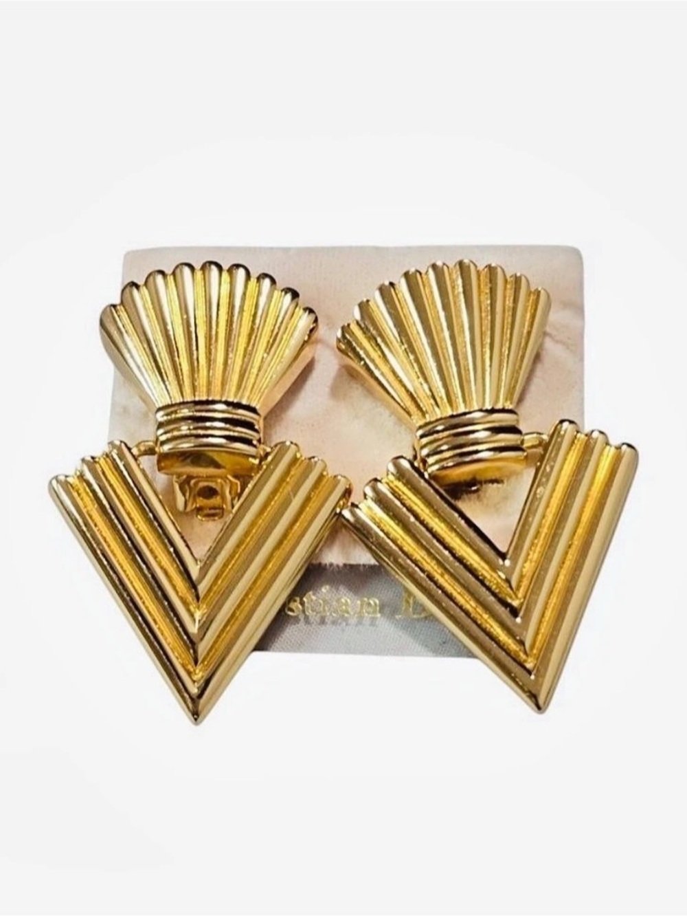 Christian Dior RARE RETRO Triangle Fan Chevron Door Knocker Gold Clip Earrings